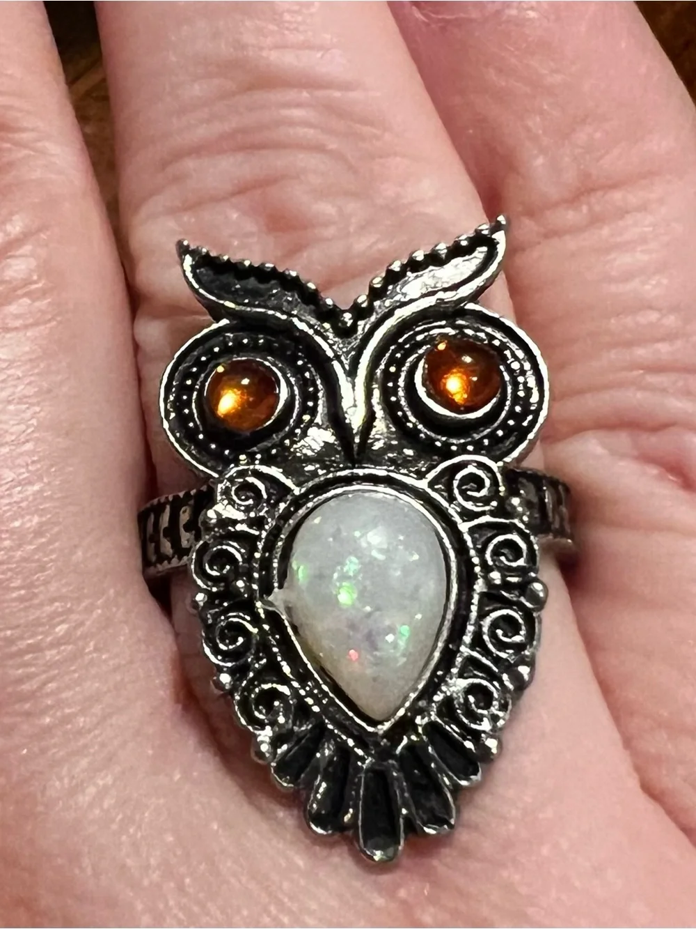 925 Silver Opal Owl Ring Boho Statement Piece